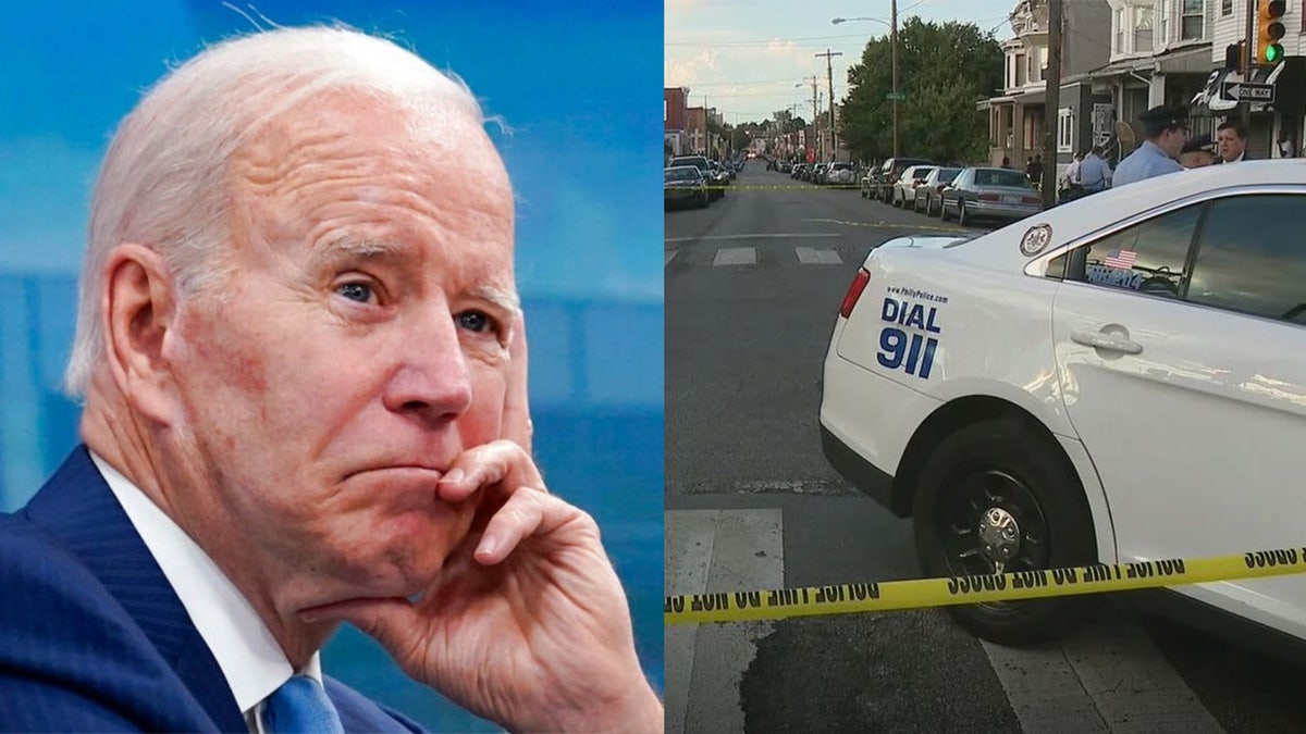 Photo shows President Biden on the left and a crime scene of a quadruple shooting on the right