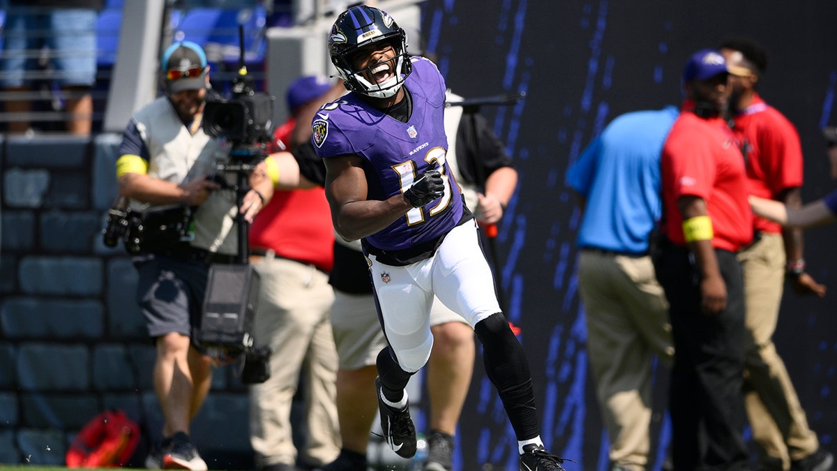 Baltimore Ravens wide receiver Devin Duvernay scores a touchdown