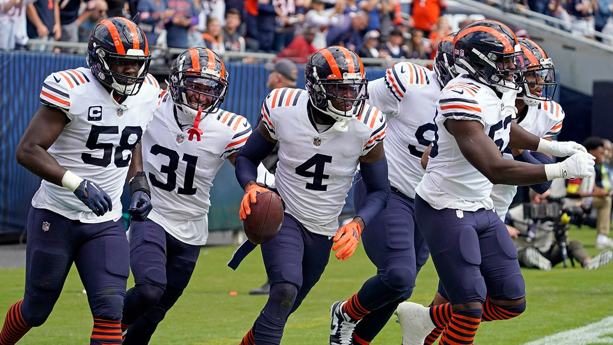 Eric Jackson celebrates an interception