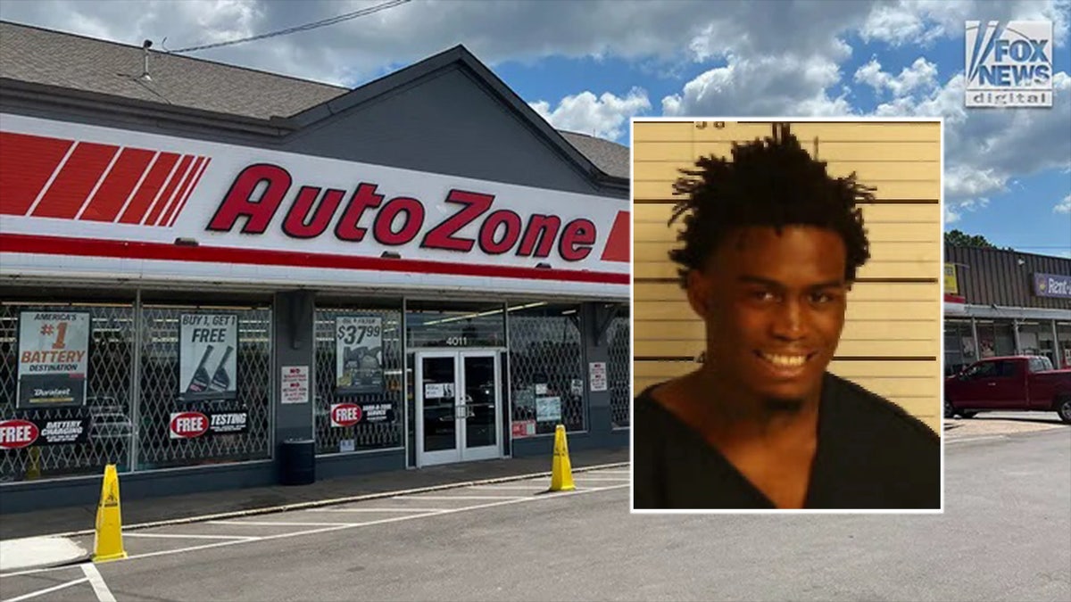 Auto Zone crime scene with Ezekiel Kelly mugshot as inset