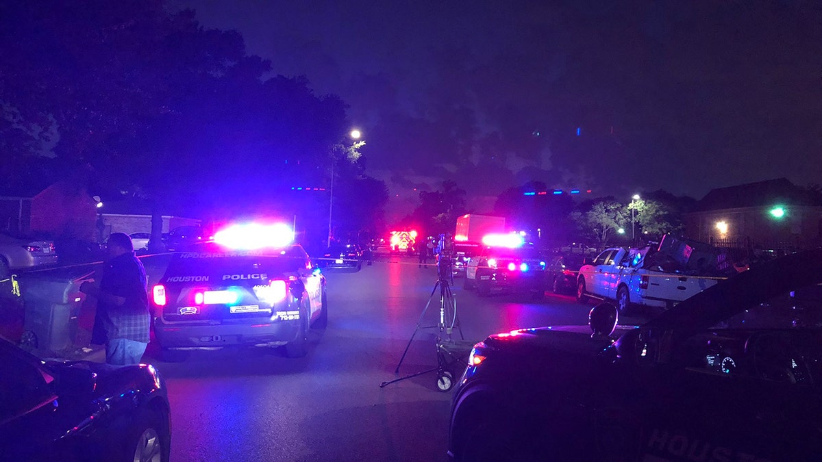 Several police cars at night near where a child was found dead in Houston