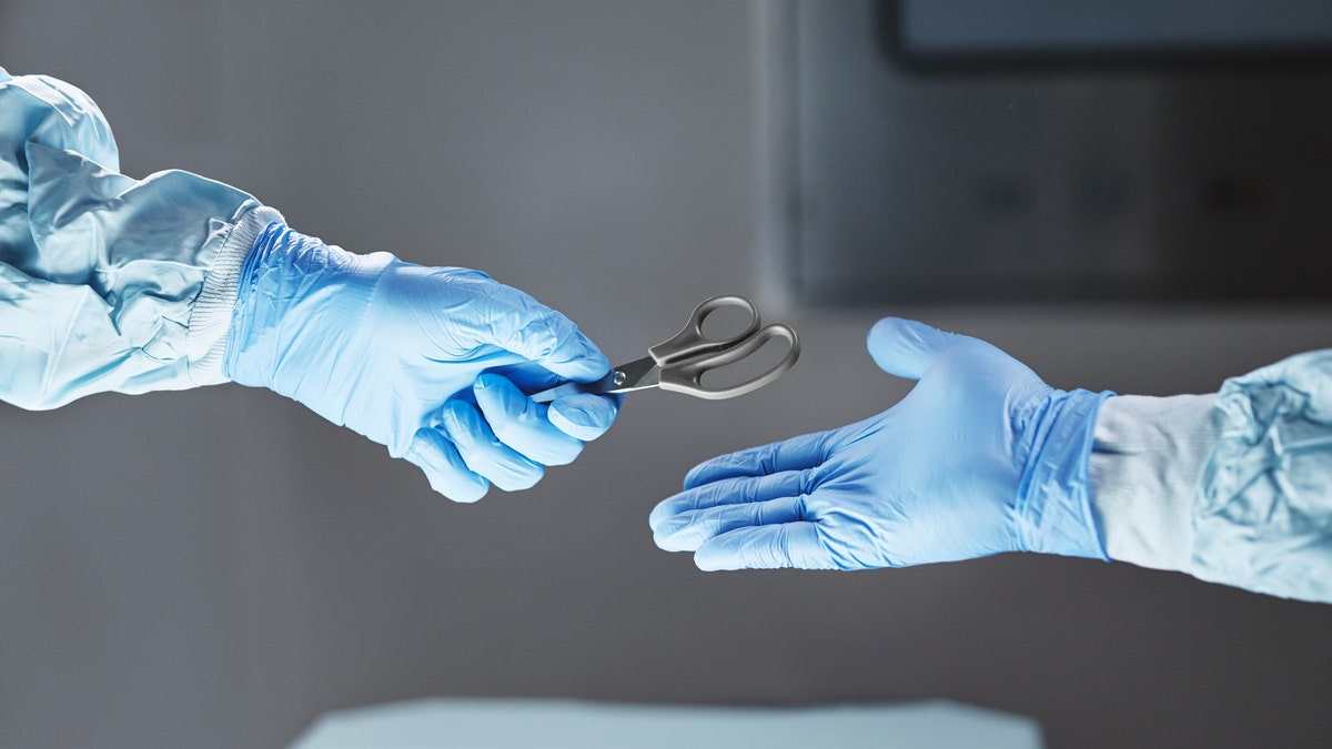 Surgeon assistant passing scissors to surgeon.