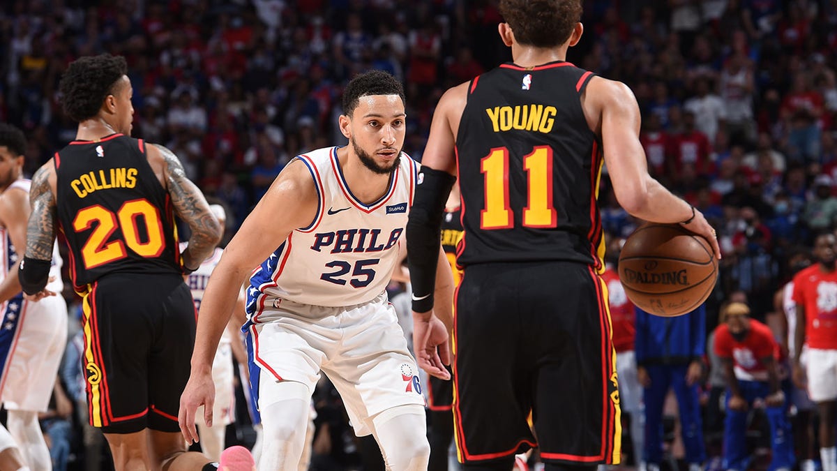 Ben Simmons defends Trae Young during the 2021 NBA playoffs