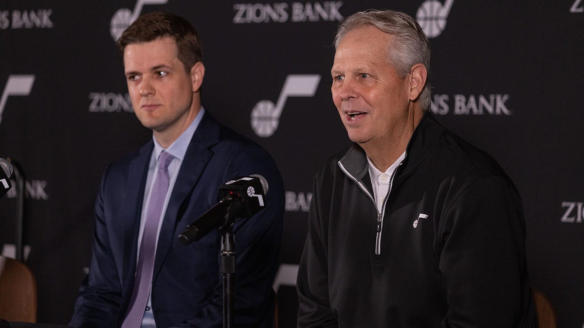 Utah CEO Danny Ainge speaks to reporters