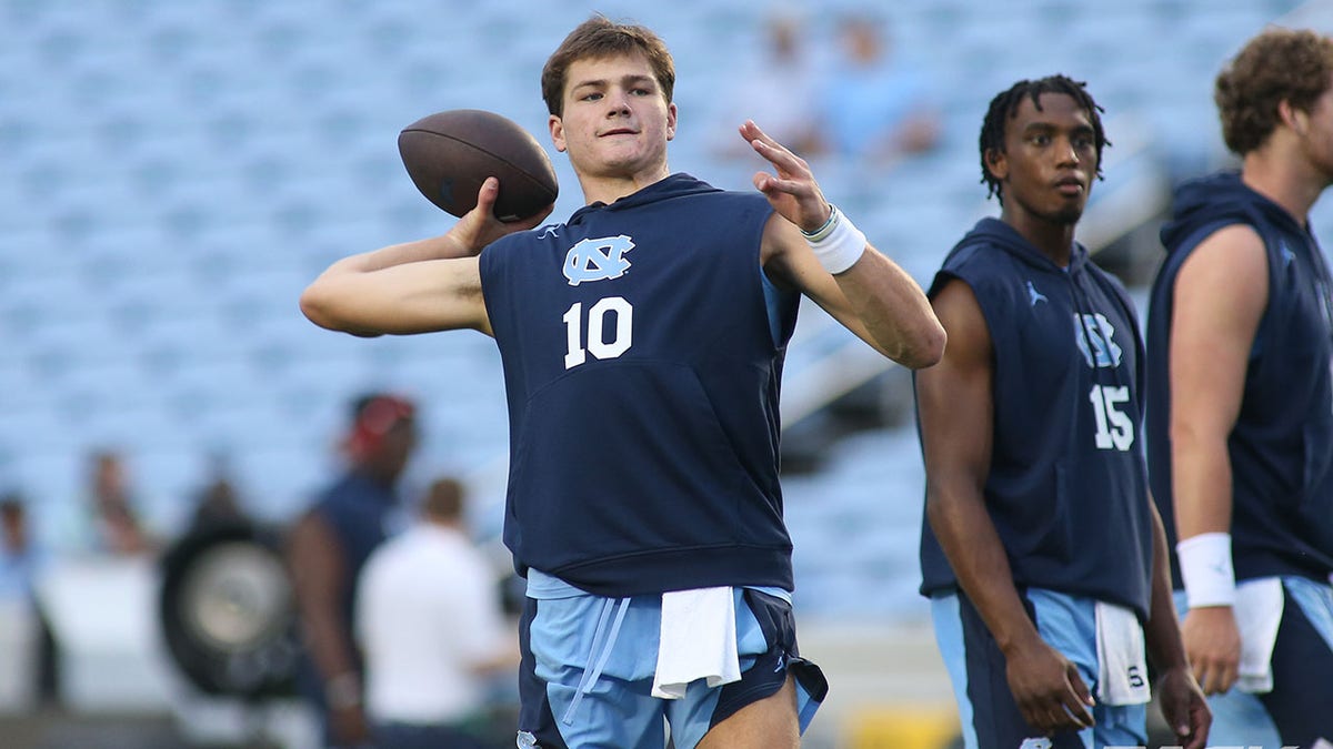 North Carolina Tar Heels quarterback Drake Maye throws before a game