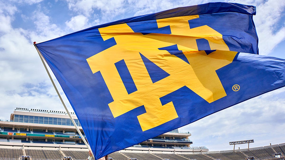 A blue and gold Notre Dame flag
