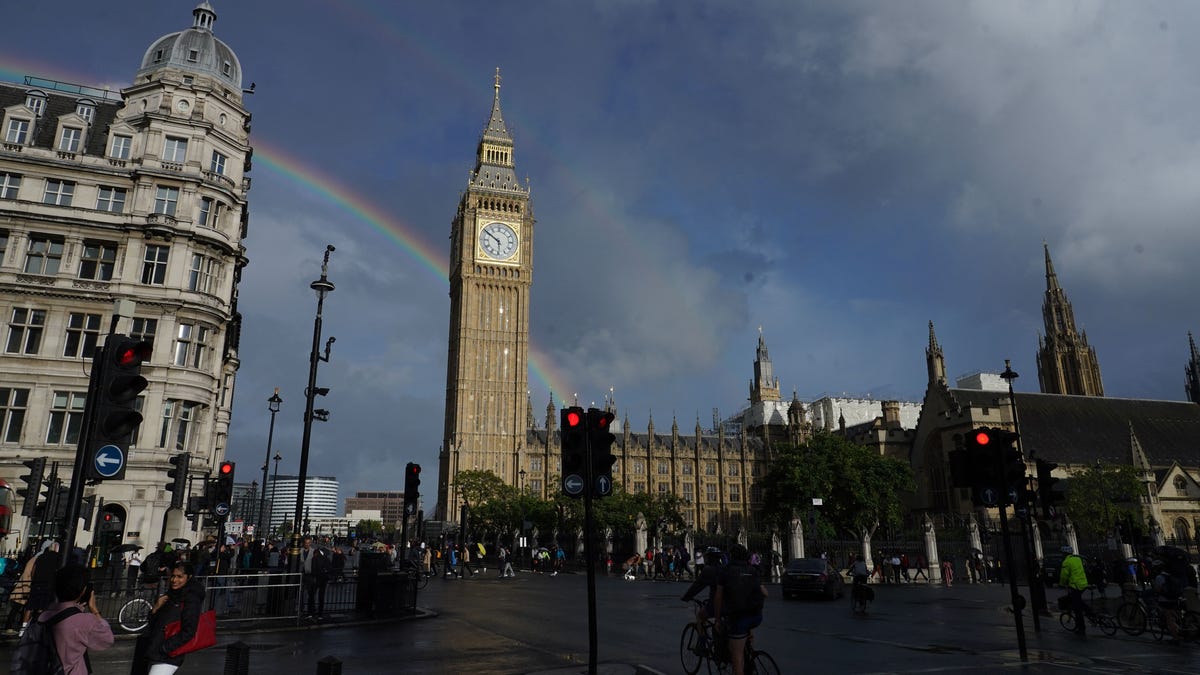 double rainbow over Elizabeth Tower in Westminster, London