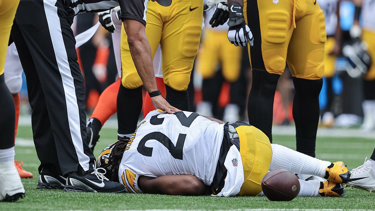 Najee Harris of the Pittsburgh Steelers looks on during the first News  Photo - Getty Images