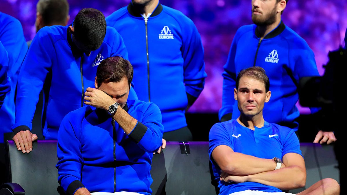 Roger Federer tears up alongside Nadal and Djokovic after final match