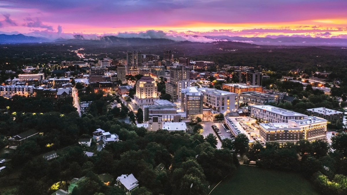 Asheville, North Carolina skyline at sunset