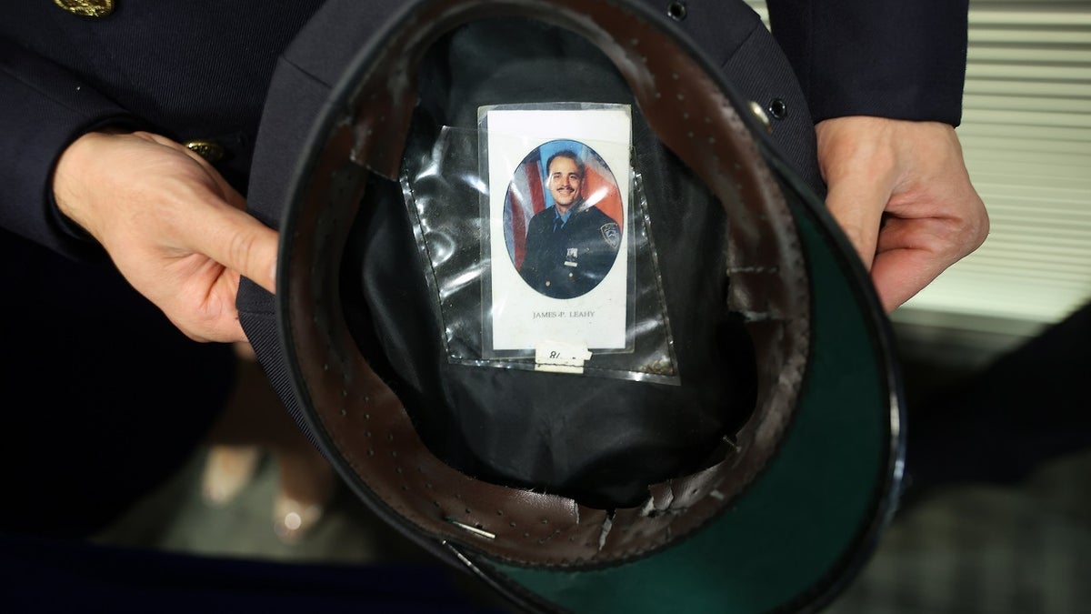 helmet showing the image of fallen NYPD Officer James Leahy