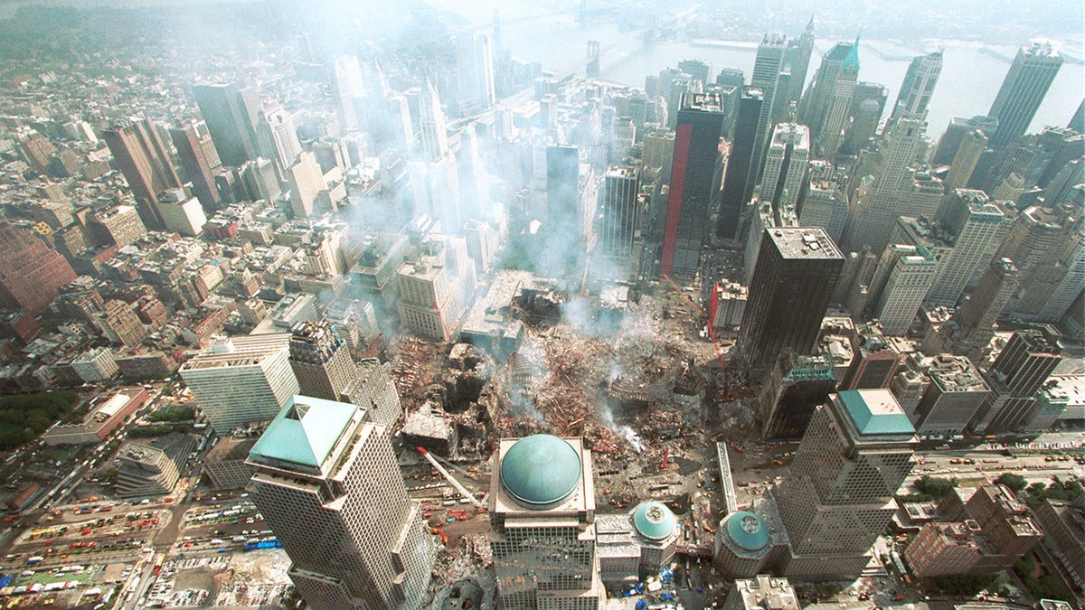 Aerial view of the World Trade Center rubble on 9/11