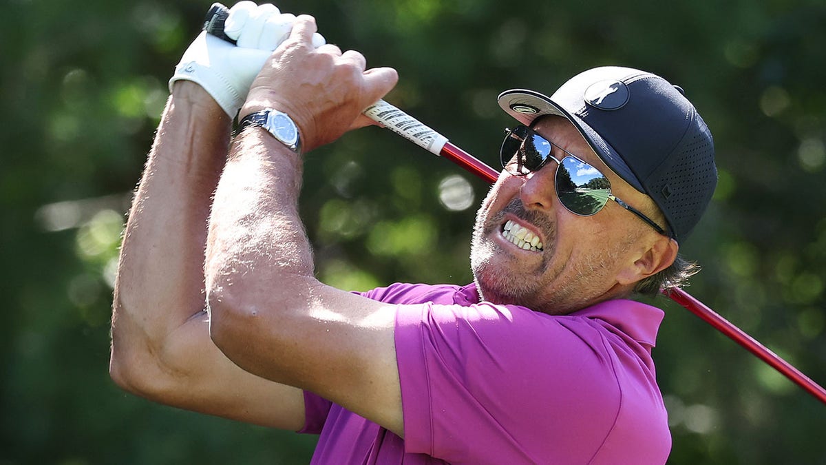 Phil Mickelson plays at the LIV Golf Invitational pro-am