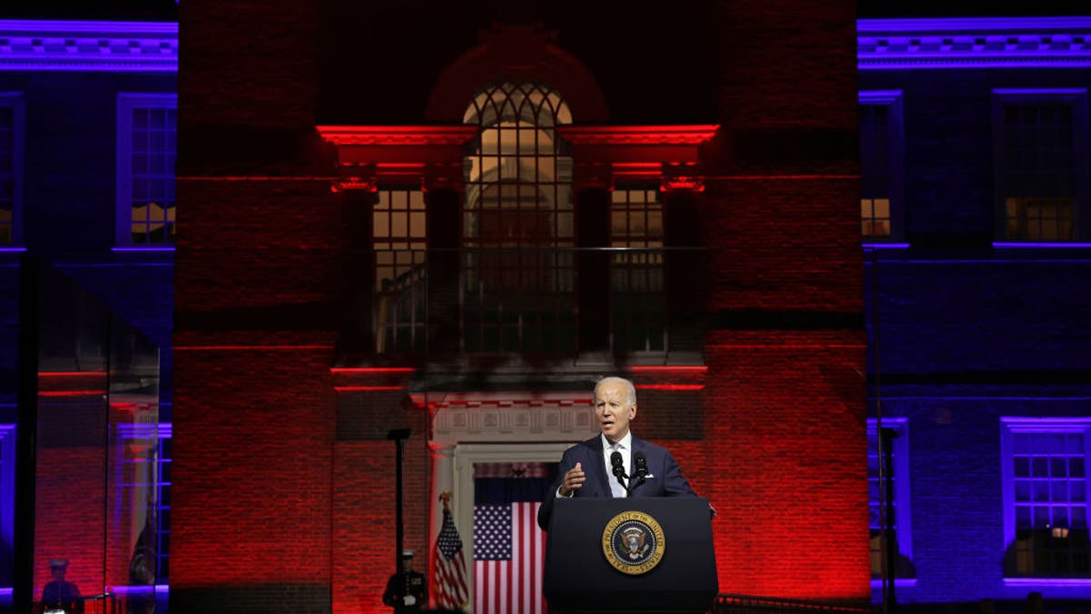Photo shows President Biden delivering an anti-MAGA speech in Philadelphia