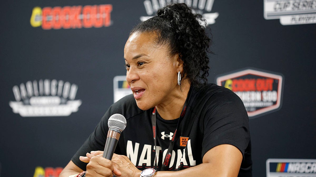 South Carolina women's basketball coach Dawn Staley speaks to the media