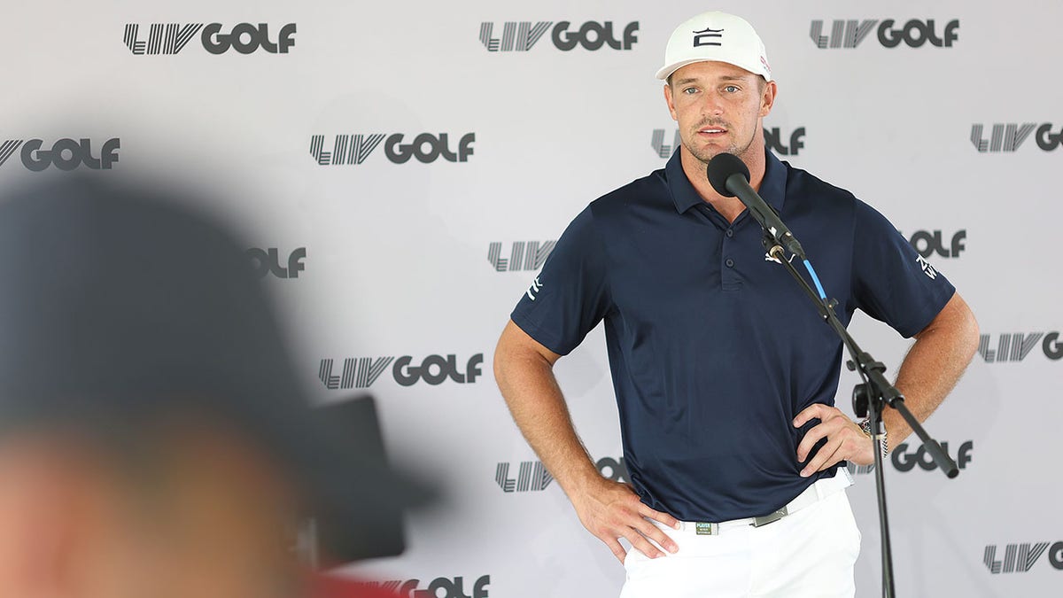 Bryson DeChambeau talks to reporters before LIV Chicago