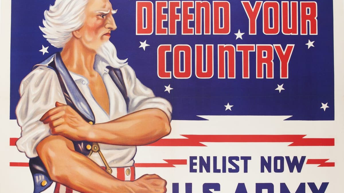 1940 World War Two US Army recruiting poster with muscle flexing Uncle Sam.