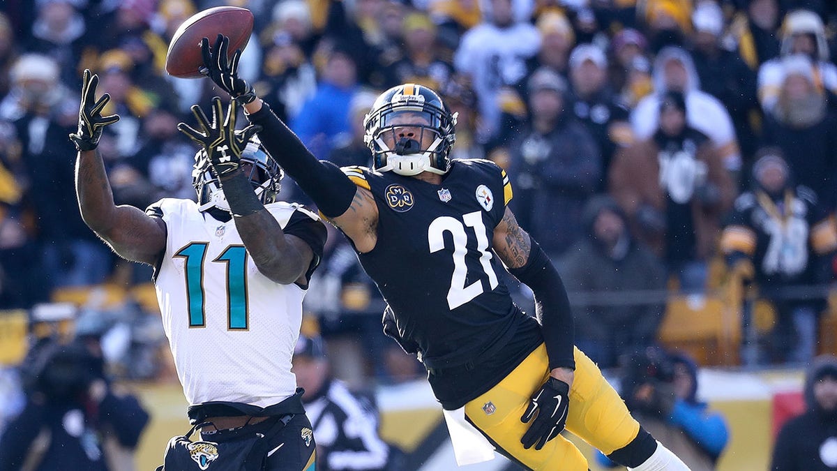 Joe Haden of the Steelers makes a play on the ball