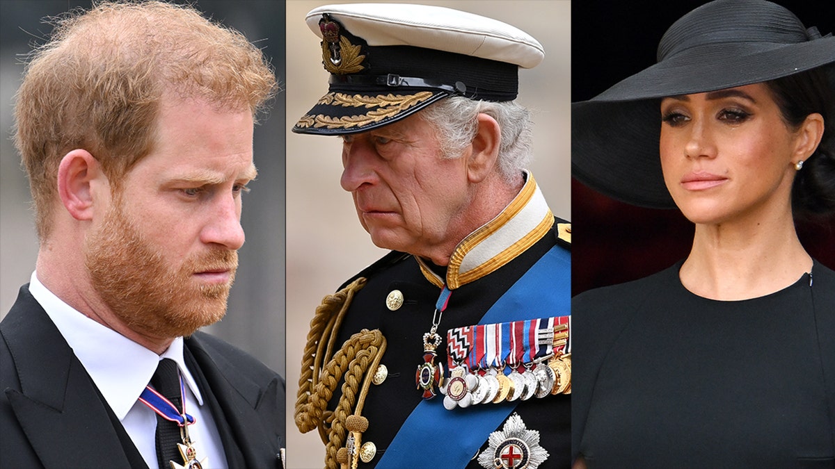 Prince Harry, King Charles and Meghan Markle at Queen Elizabeth II's funeral.