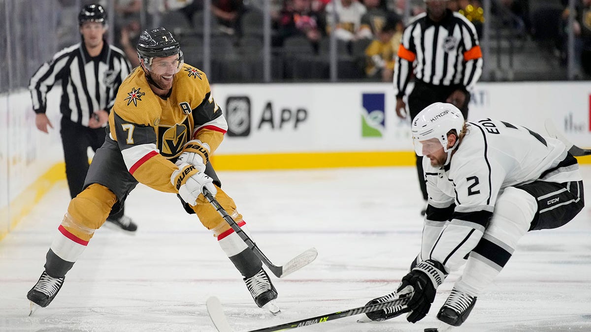 Golden Knights player Alex Pietrangelo passes the hockey puck