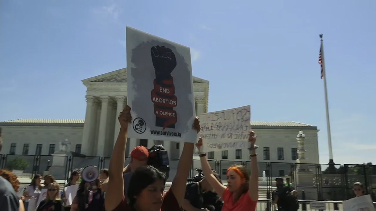 A protestor carries a sign reading "end abortion violence" in front of the Supreme Court building