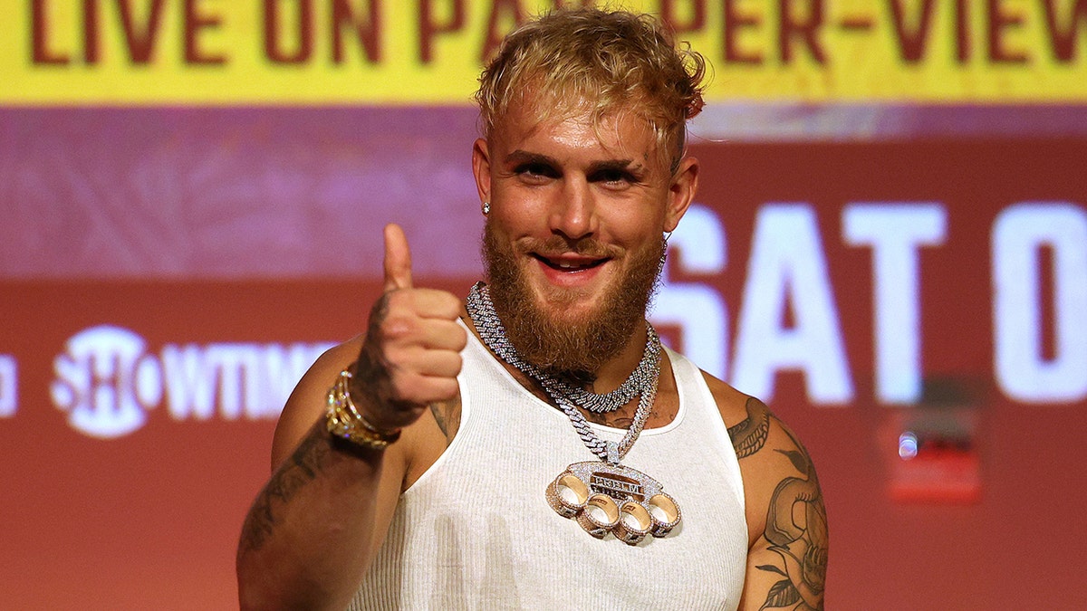Jake Paul reacts during a Jake Paul v Anderson Silva press conference at NeueHouse Hollywood on September 12, 2022 in Hollywood, California.