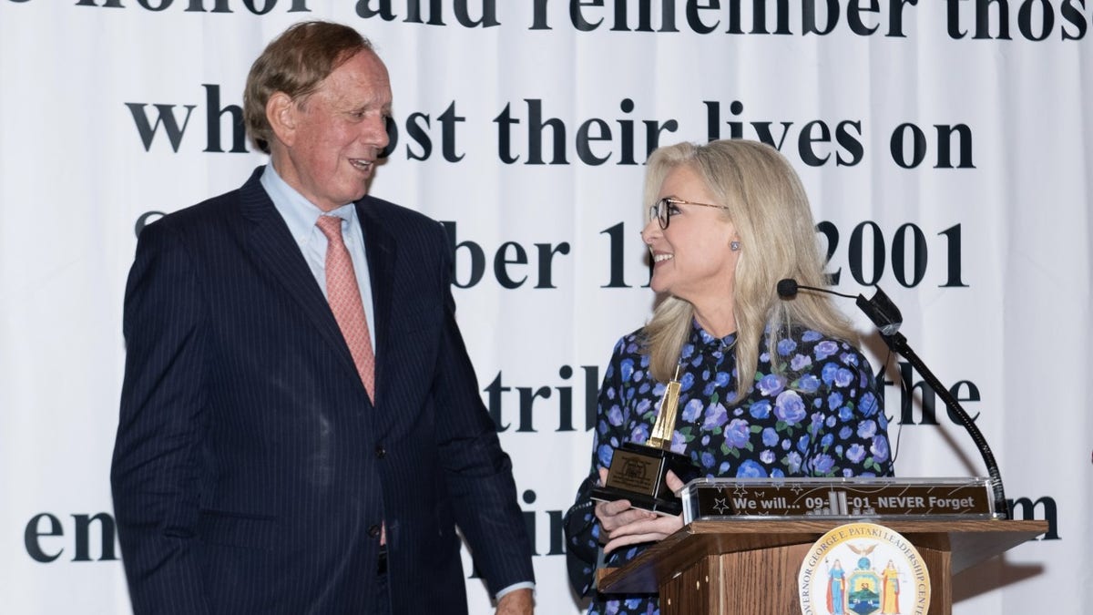 Former New York State Gov. George Pataki and Fox News Senior Meteorologist Janice Dean at the Freedom Awards on 9/11/22.