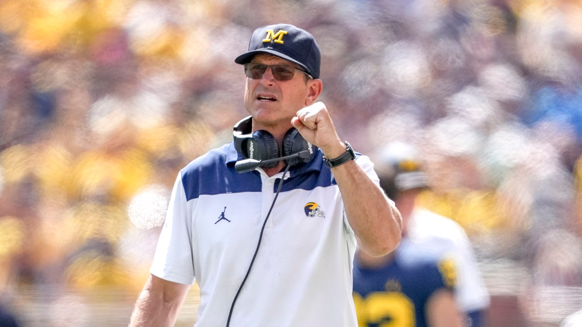 Head coach Jim Harbaugh of the Michigan Wolverines looks on during the game against the Colorado State Rams at Michigan Stadium in Ann Arbor, Michigan, on Sept. 3, 2022.