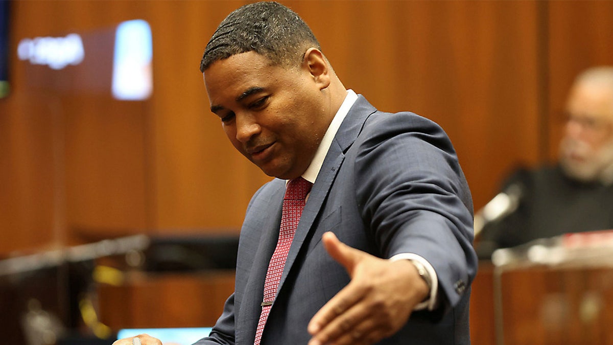  John McKinney in an LA courtroom delivering opening statements