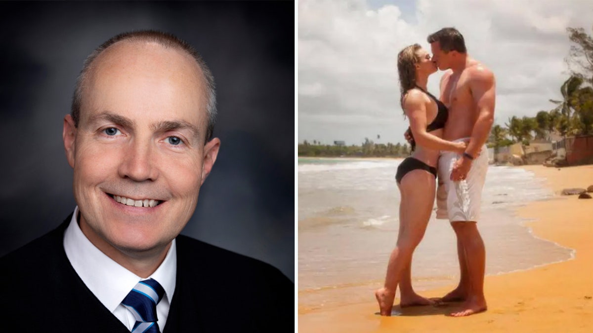 Judge Michael Edwards and a photo of Lindsay and Chris Marsh kissing on a beach