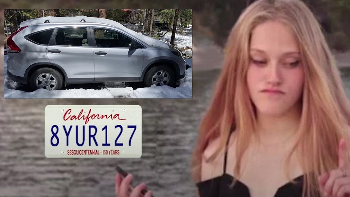 Kiely Rodni next to her Honda CRV and the license plate from her car