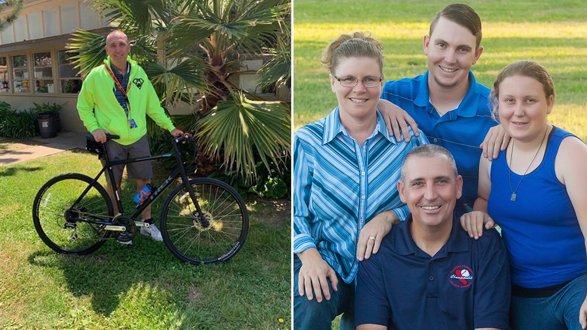 Left: Mike Huss with bike, Right: Mike Huss with his family