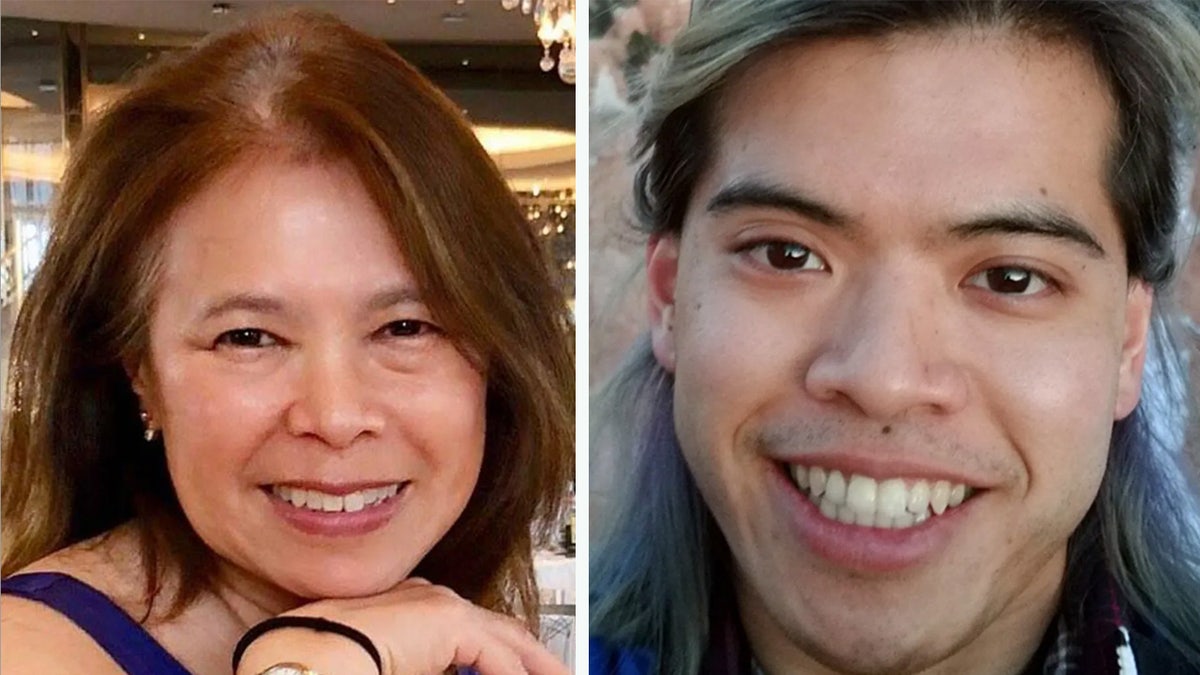 Side by side portraits of Paula Chin and her son Jared Eng smiling