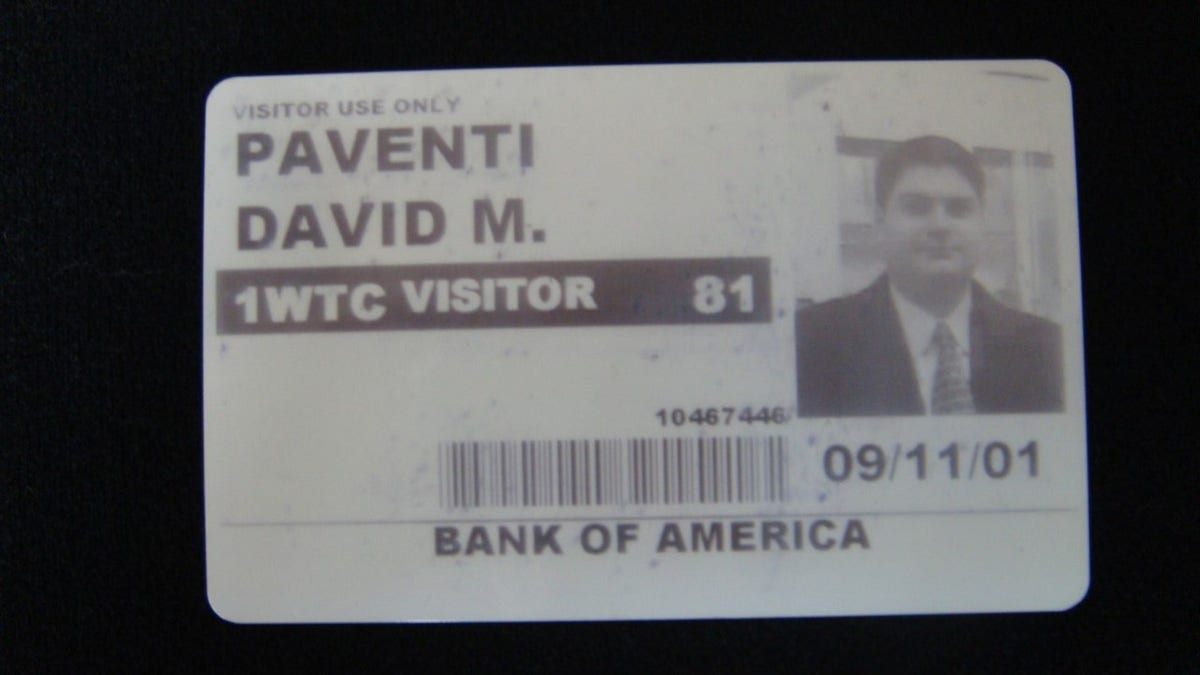 A photo of David Paventi's visitor badge from the World Trade Center