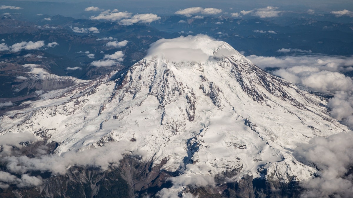 An aerial view of Mount Rainier