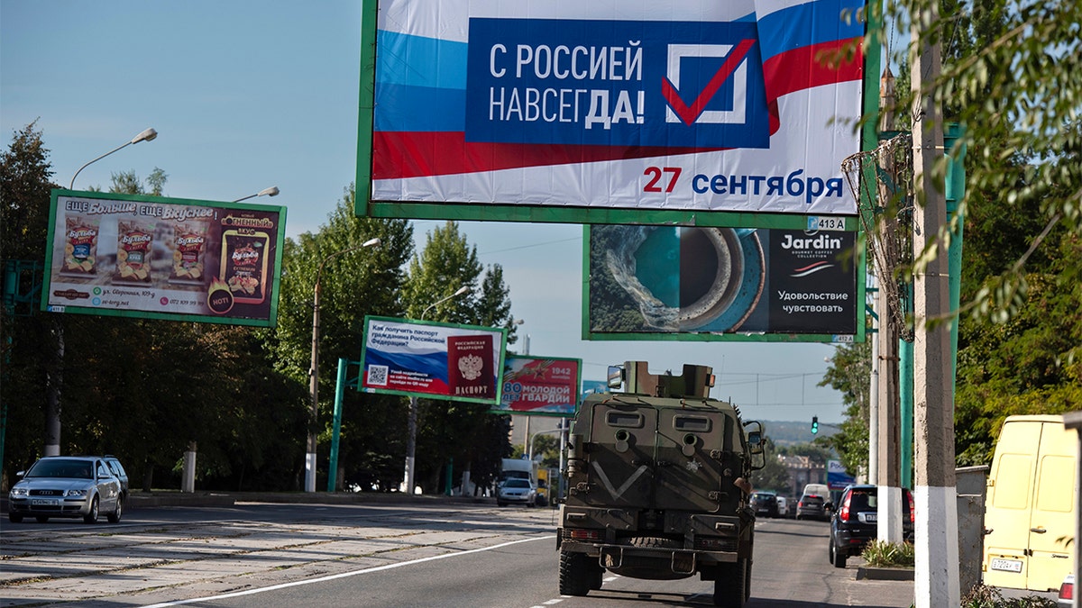 Pro-Russia sign for referendum in Ukraine is seen