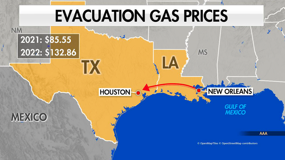 Map that shows route from New Orleans to Houston. 2021 gas price is at $85.55. 2022 gas price is $132.86.