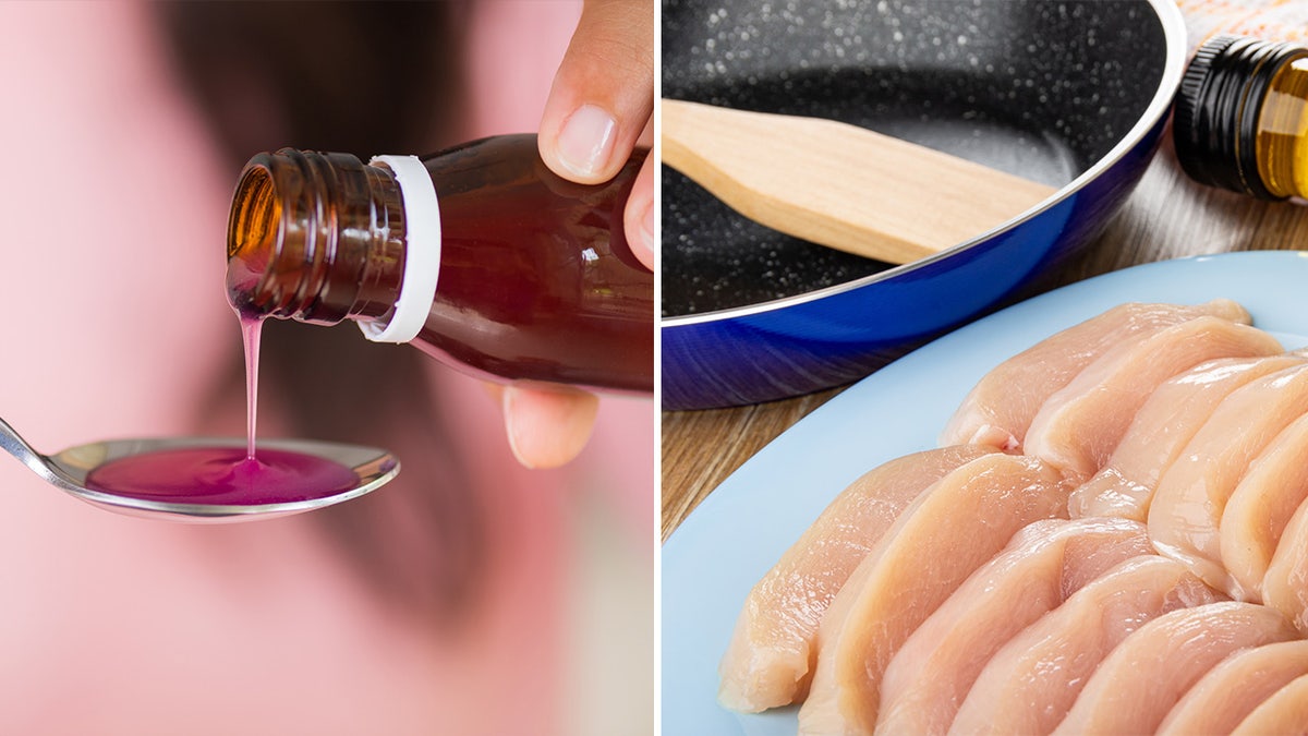 Side-by-side image of liquid medicine with raw chicken breasts