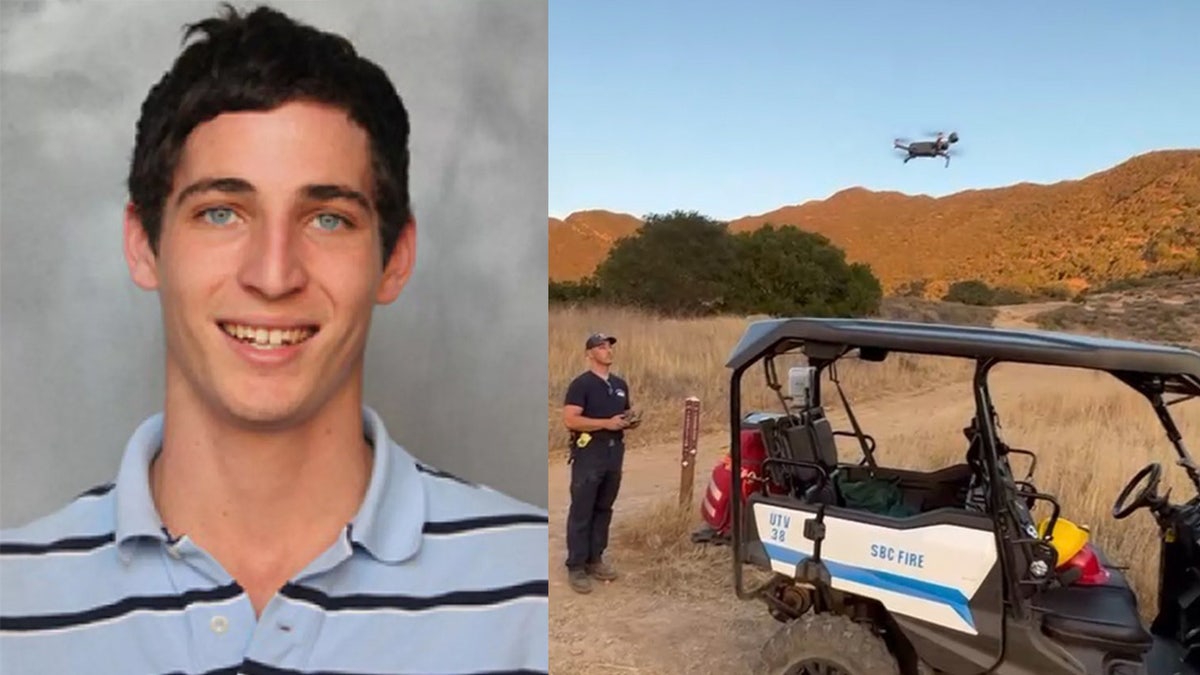 Tim Sgrignoli wearing a striped blue shirt and a police officer operating a drone