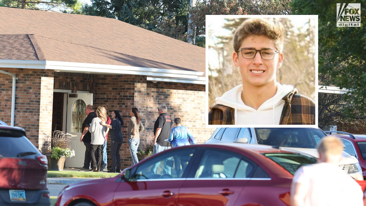 Cayler Ellingson photo inset with a photo of people walking into the prayer service