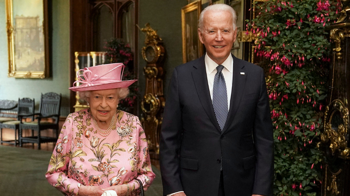 President Biden and Queen Elizabeth II smiling