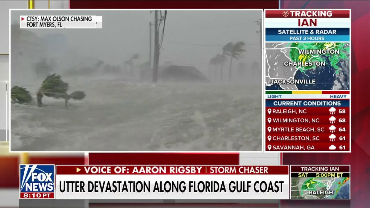 Storm chaser's camera captures storm surge in Fort Myers Beach, Florida during Hurricane Ian.