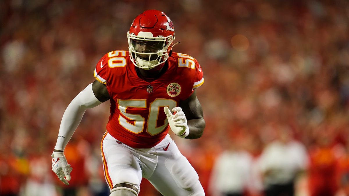 Willie Gay of the Kansas City Chiefs defends against the Los Angeles Chargers at GEHA Field at Arrowhead Stadium in Kansas City on Sept. 15, 2022.