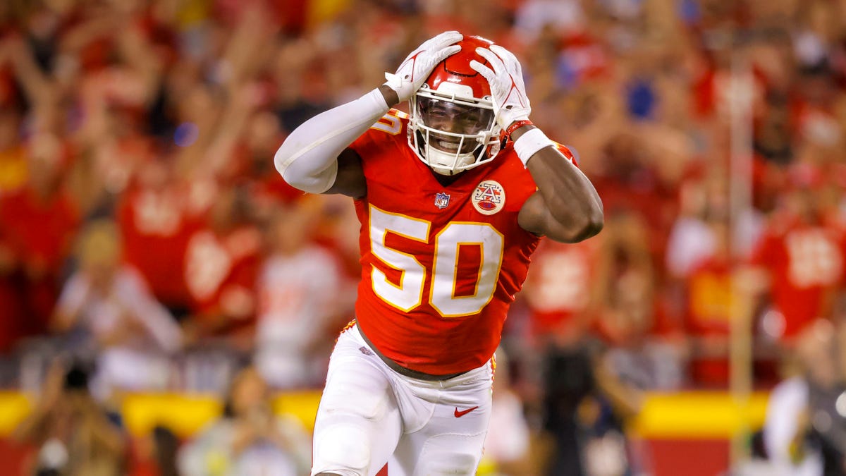 Kansas City Chiefs linebacker Willie Gay celebrates with fans after win  against the Jacksonville Jaguars during an NFL Divisional Playoff football  game Saturday, Jan. 21, 2023, in Kansas City, Mo. (AP Photo/Ed