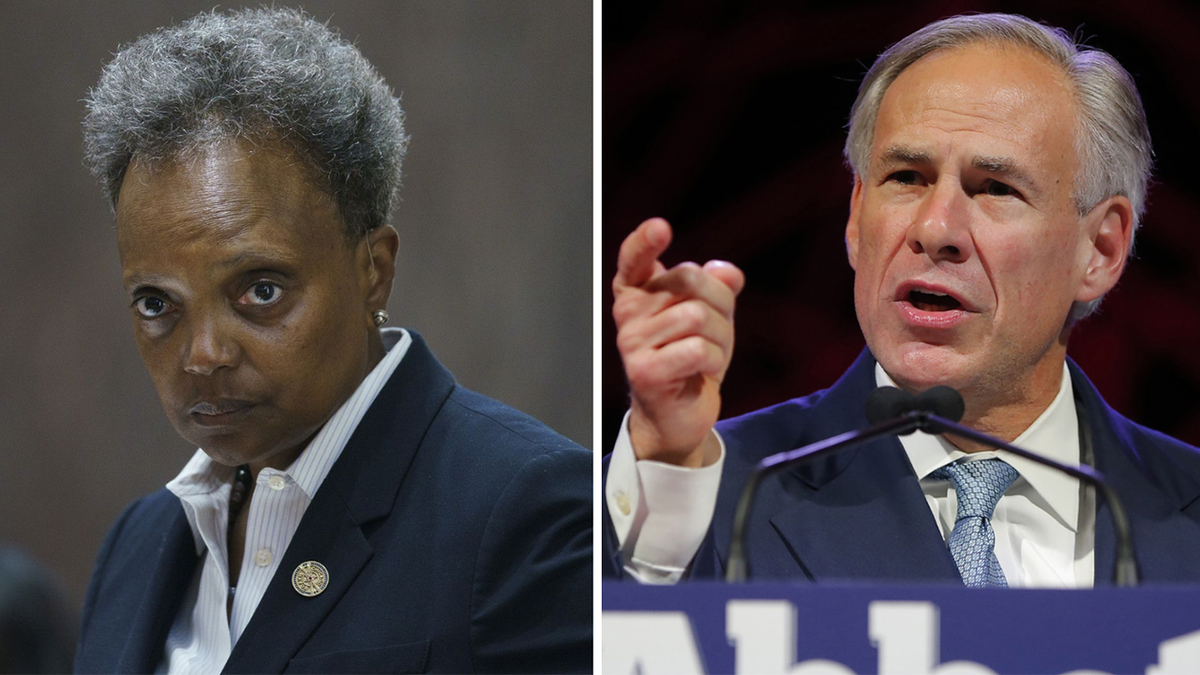 Side-by-side photo shows Chicago Mayor Lori Lightfoot at a city council meeting and Texas Gov. Greg Abbott speaking at event