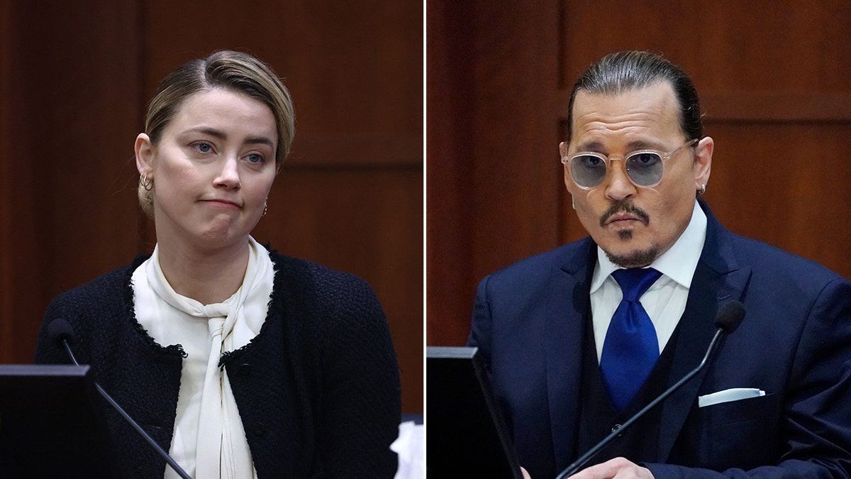 A side by side of Johnny Depp and Amber Heard both giving testimony