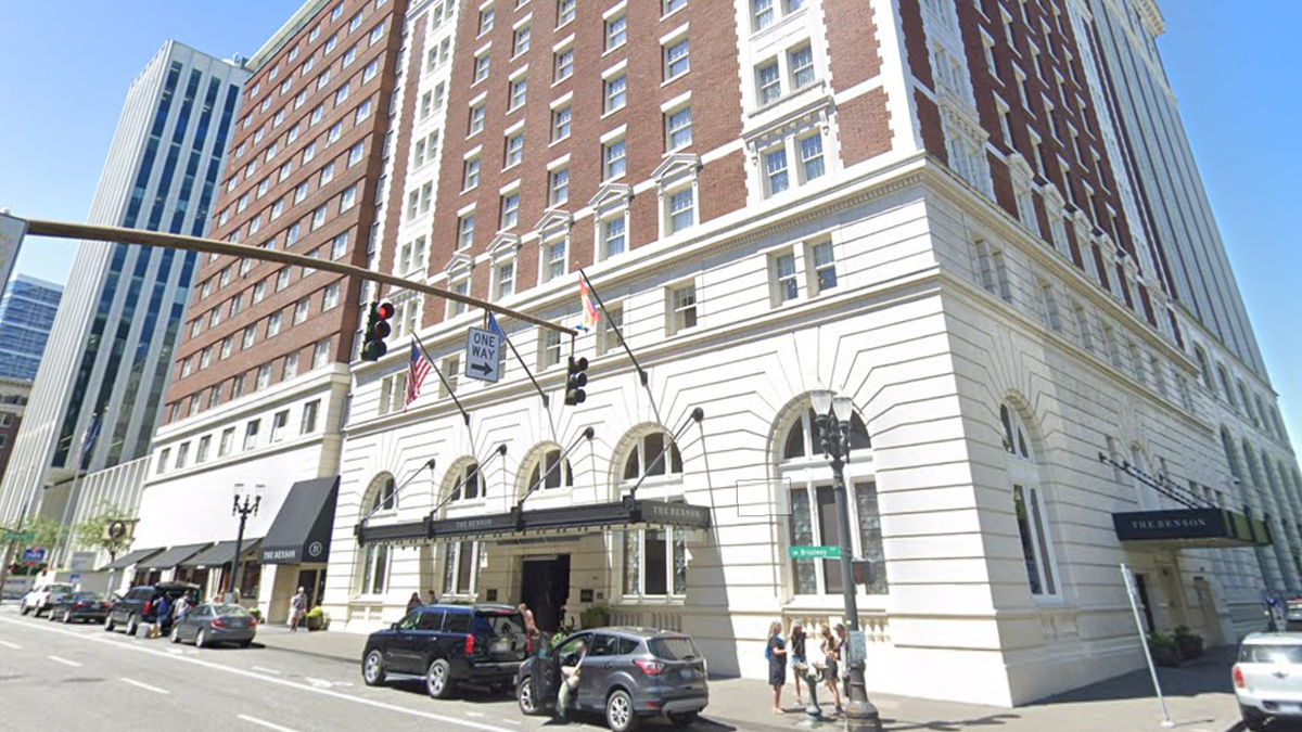 Photo shows exterior view of Benson hotel in Portland