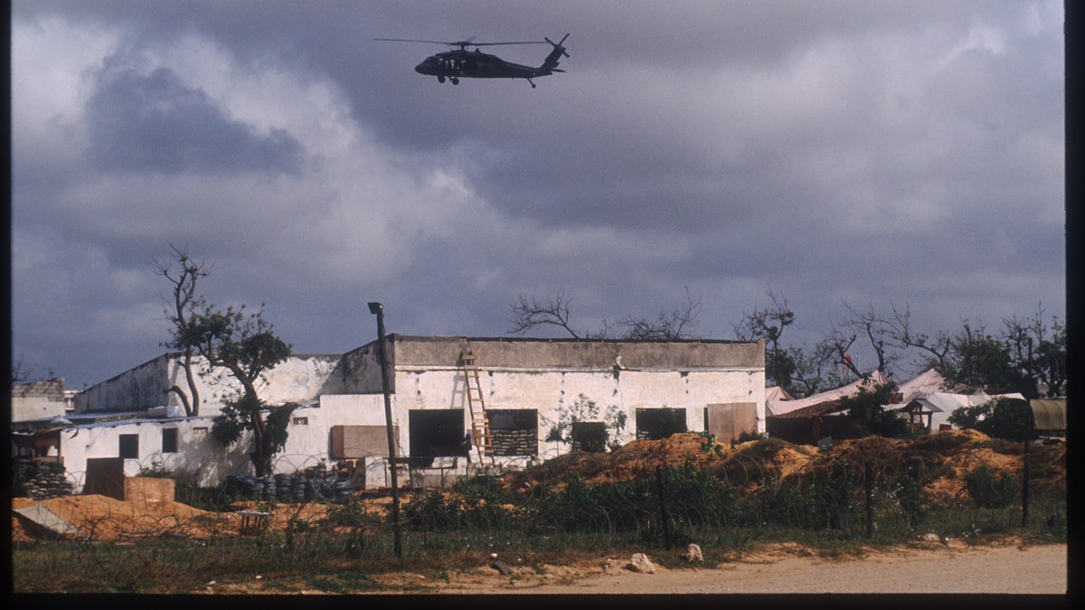 US Army helicopter flies over Mogadishu, Somalia