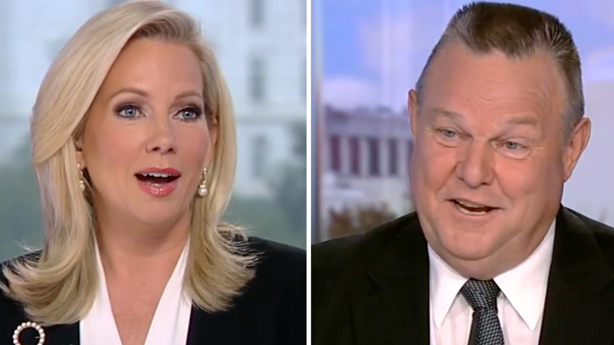 Photo shows side-by-side of Fox News' Shannon Bream while Interviewing Montana Sen. Jon Tester