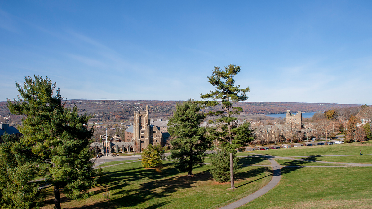 Photo shows Cornell University campus on a sunny day